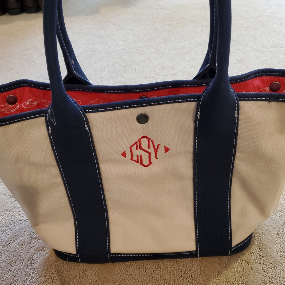 J. Crew Tote Bag Monogrammed CSY Navy Trim Pink Printed Interior Snap